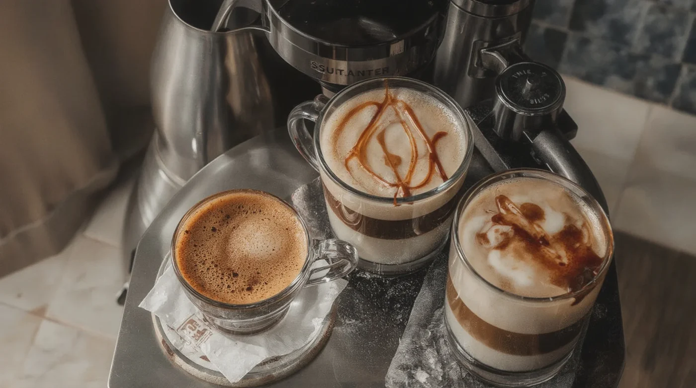 Home barista setup showing espresso macchiato, latte macchiato, and iced caramel macchiato with layered coffee and milk, featuring coffee tools and rustic decor.