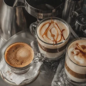 Home barista setup showing espresso macchiato, latte macchiato, and iced caramel macchiato with layered coffee and milk, featuring coffee tools and rustic decor.
