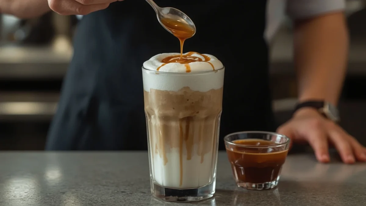 Hot espresso poured into iced milk to create a layered iced caramel macchiato with caramel drizzle on top.