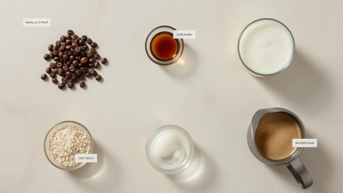 Flat lay of macchiato ingredients including coffee beans, espresso, syrups, and milk varieties labeled on a white background.”