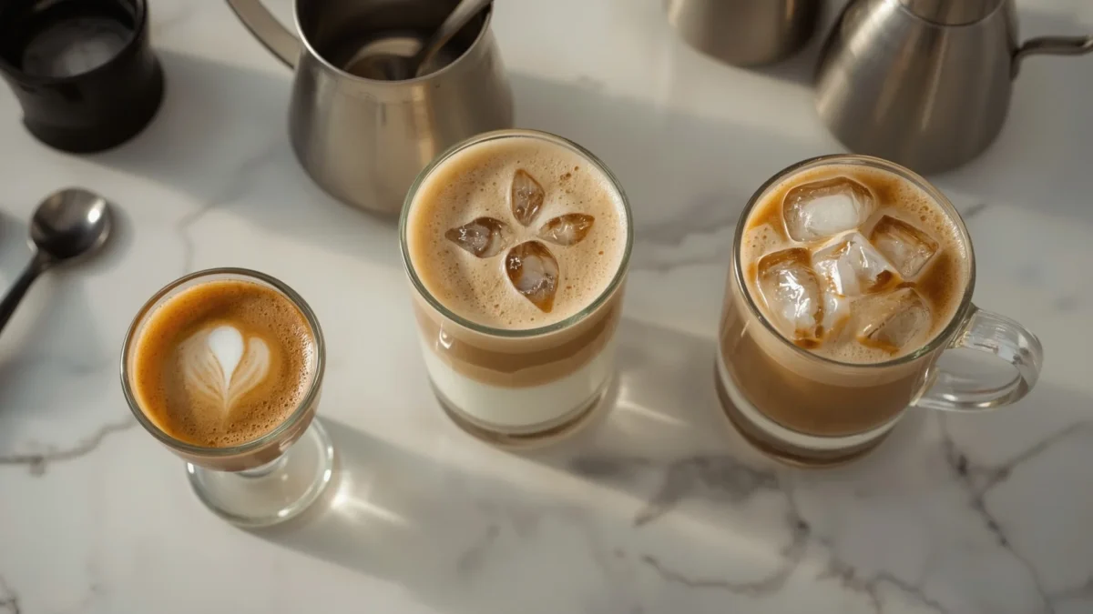 Espresso, latte, and iced caramel macchiatos in clear cups on a countertop with coffee tools in the background.