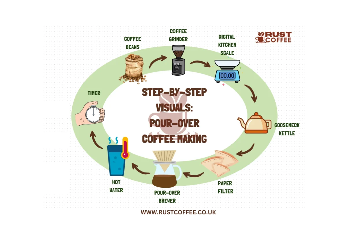 Step-by-step visual guide to pour-over coffee brewing: measuring, blooming, pouring, and serving for perfect extraction