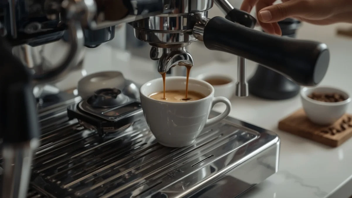 Espresso shot being pulled from a home espresso machine into a demitasse with digital scale and grinder nearby.