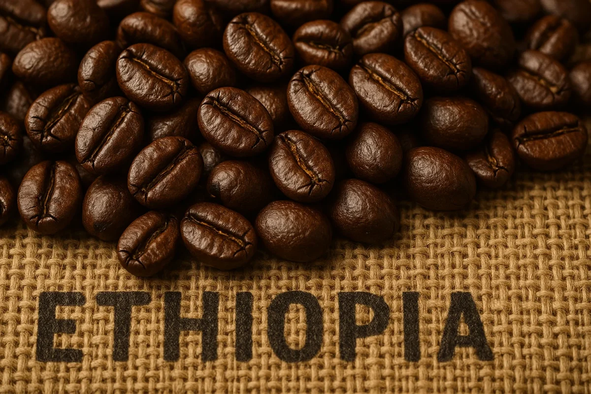 Roasted Ethiopian Arabica coffee beans with visible oils on burlap sack