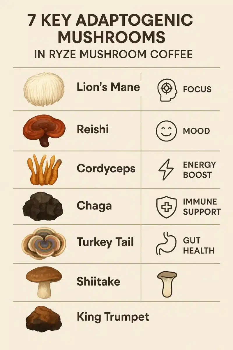 Infographic showing 7 powerful Ryze Mushroom Coffee ingredients and their health benefits.