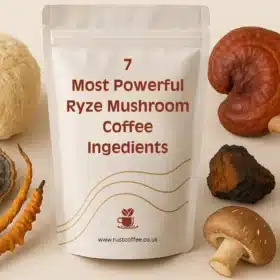 Ryze Mushroom Coffee Ingredients and products surrounded by real images of its 7 adaptogenic mushrooms, highlighting the health benefits.