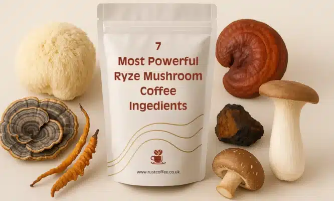 Ryze Mushroom Coffee Ingredients and products surrounded by real images of its 7 adaptogenic mushrooms, highlighting the health benefits.