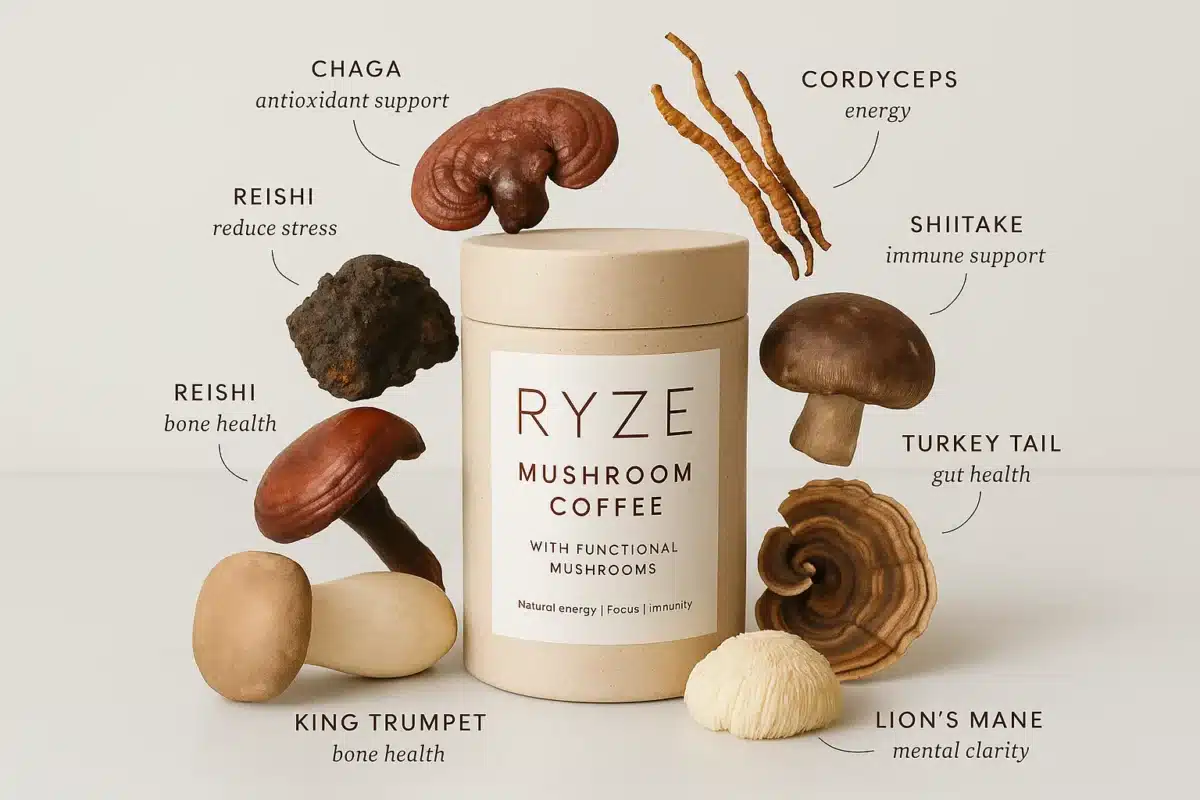 Visual listing the health benefits of Ryze Mushroom Coffee including focus, mood, energy, and immunity.