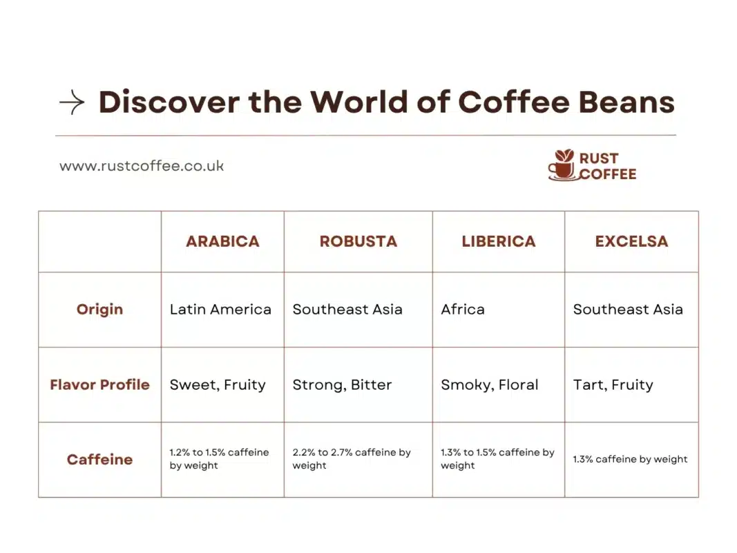 Infographic showing different types of coffee beans: Arabica, Robusta, Liberica, and Excelsa with their key characteristics and flavor profiles.