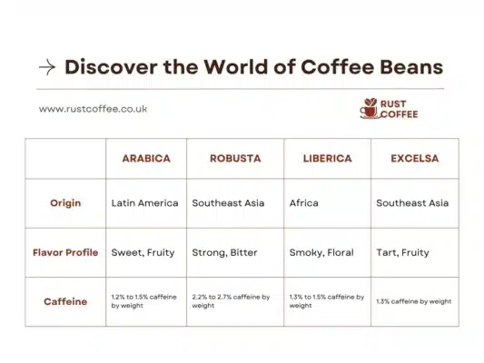 Infographic showing different types of coffee beans: Arabica, Robusta, Liberica, and Excelsa with their key characteristics and flavor profiles.