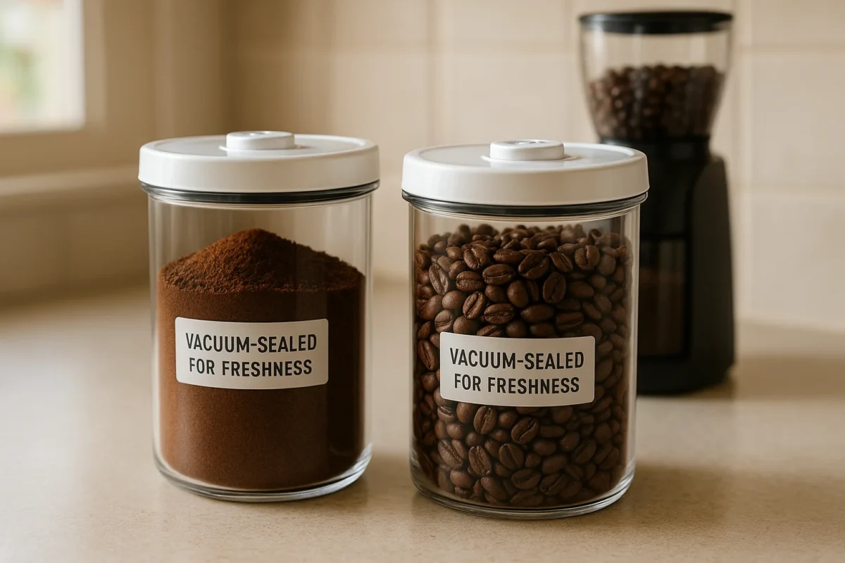 Vacuum-sealed coffee canisters on kitchen countertop, preserving ground coffee freshness and aroma.