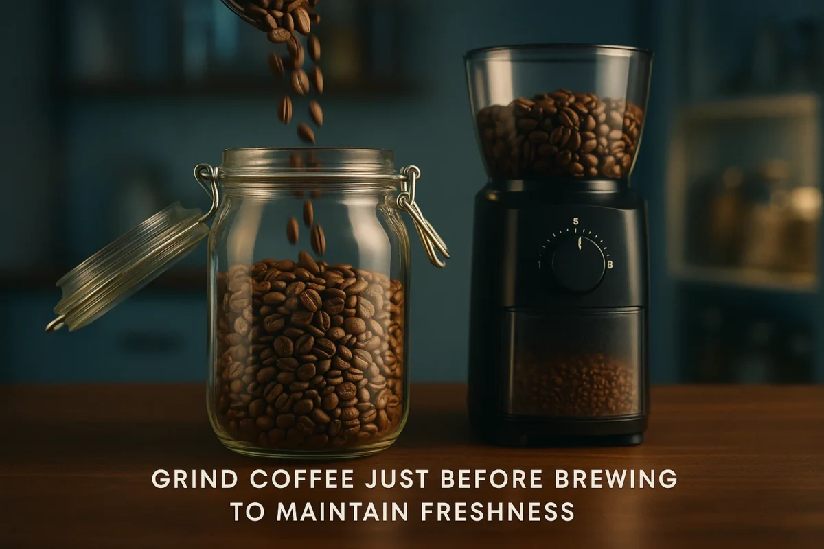 Whole coffee beans in airtight glass jar next to grinder, preserving freshness and flavor by grinding just before brewing.
