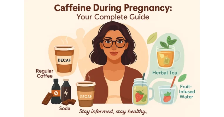 Can you drink coffee while pregnant? Complete guide to caffeine during pregnancy with a visual of coffee, decaf coffee, and healthy alternatives