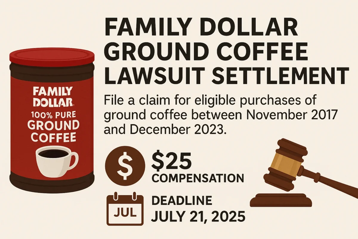 Family Dollar Ground Coffee Lawsuit Settlement: File a claim for eligible purchases of ground coffee made between November 2017 and December 2023. Claim up to $25 in compensation before the deadline of July 21, 2025.