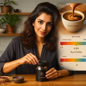 HD image of a dark roast coffee cup with creamy swirls, set against a subtle pH scale background. The scale shows coffee acidity levels compared to lemon juice and water, highlighting stomach-friendly, low-acid coffee brewing. How to Make Coffee Less Acidic: The Ultimate Guide to a Stomach-Friendly Brew