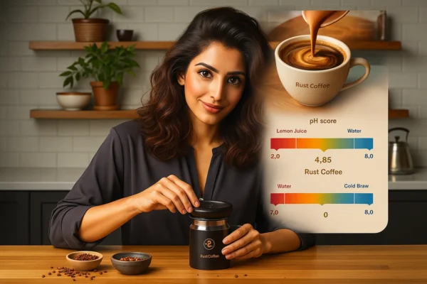 HD image of a dark roast coffee cup with creamy swirls, set against a subtle pH scale background. The scale shows coffee acidity levels compared to lemon juice and water, highlighting stomach-friendly, low-acid coffee brewing. How to Make Coffee Less Acidic: The Ultimate Guide to a Stomach-Friendly Brew