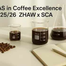 Coffee beans, glass lab equipment, and digital tools in a research lab setting with text overlay “CAS in Coffee Excellence 2025/26 by ZHAW and SCA”