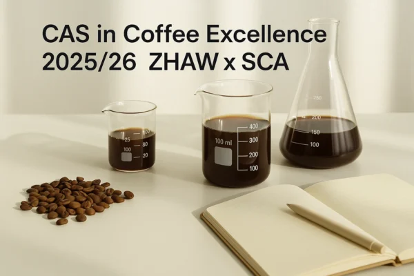 Coffee beans, glass lab equipment, and digital tools in a research lab setting with text overlay “CAS in Coffee Excellence 2025/26 by ZHAW and SCA”