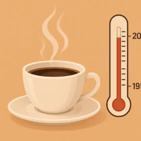 Coffee cup with steam and thermometer showing the best temperature to brew coffee (195°F - 205°F) for optimal coffee extraction.