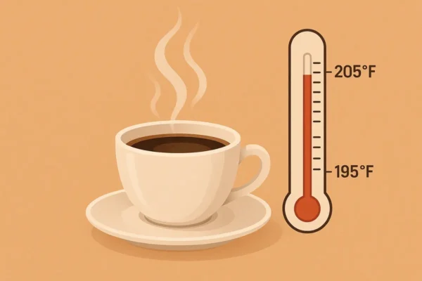 Coffee cup with steam and thermometer showing the best temperature to brew coffee (195°F - 205°F) for optimal coffee extraction.