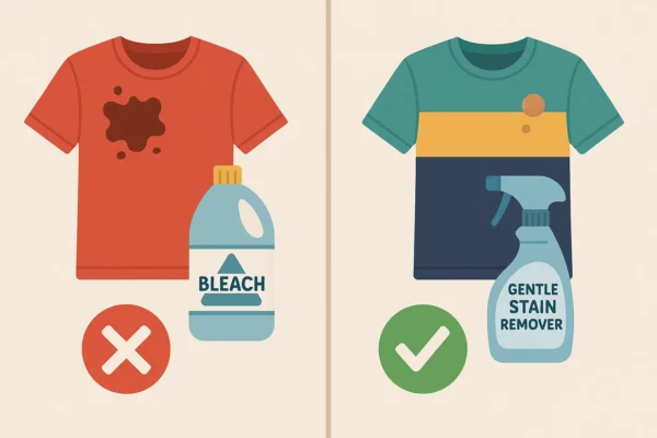 Comparison showing bleach not safe for colored shirts with coffee stains, using gentle stain remover instead.