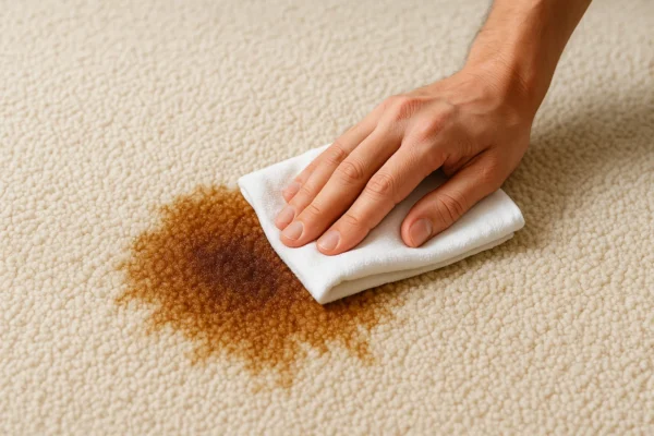 Blotting fresh coffee spill on a carpet with a clean white cloth to prevent stain from spreading.