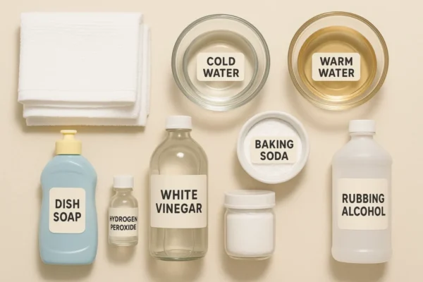 Essential tools and supplies for coffee stain removal including clean towels, cold and warm water, white vinegar, baking soda, dish soap, hydrogen peroxide, and rubbing alcohol.