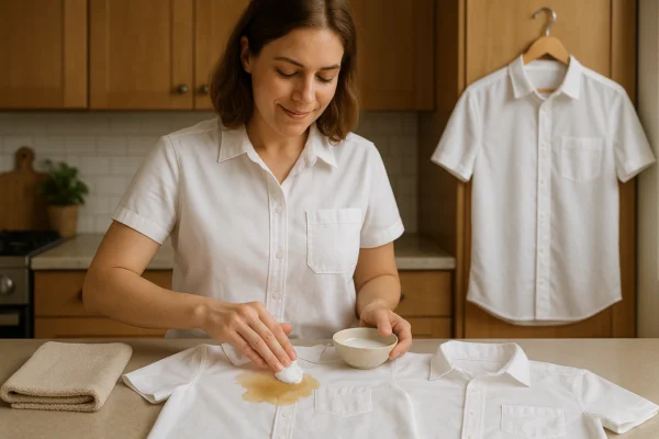 A person confidently removing a coffee stain from a white shirt using a mixture of vinegar, baking soda, and dish soap. The scene conveys a calm, successful DIY approach to coffee stain removal, with a clean shirt shown as the result.