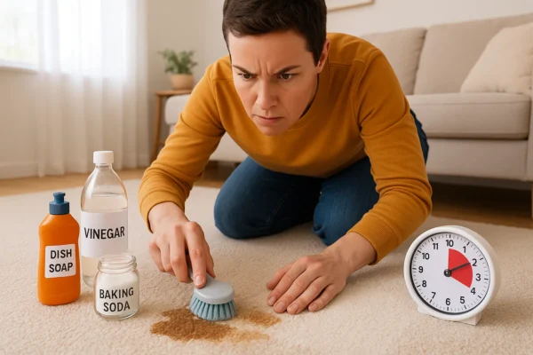 A person quickly and confidently removing a coffee stain from a carpet using a DIY solution made of vinegar, baking soda, and dish soap. The image emphasizes the importance of fast action to prevent the stain from setting, with a clean portion of the carpet visible as the result.