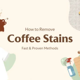 Illustration of spilled coffee on shirt, carpet, and wooden table with cleaning supplies like vinegar, baking soda, and sponge – showing how to remove coffee stains fast and effectively.