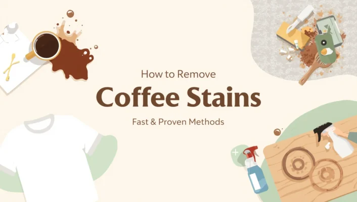 Illustration of spilled coffee on shirt, carpet, and wooden table with cleaning supplies like vinegar, baking soda, and sponge – showing how to remove coffee stains fast and effectively.