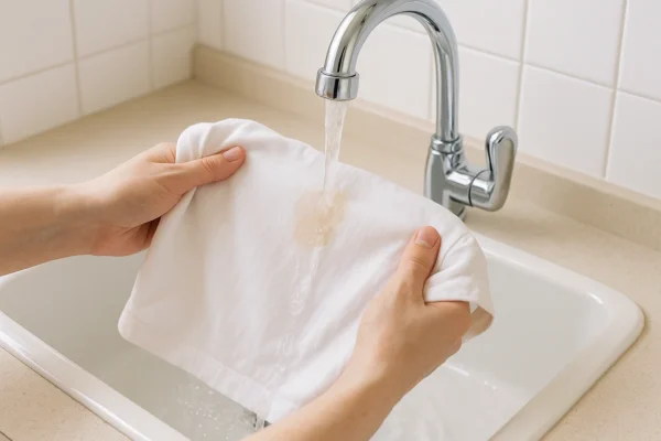 Holding a cotton shirt under running cold water to rinse out fresh coffee stain.
