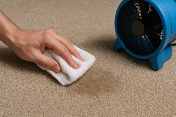 Rinsing carpet with cold water and drying with fan to prevent mold after coffee stain removal.