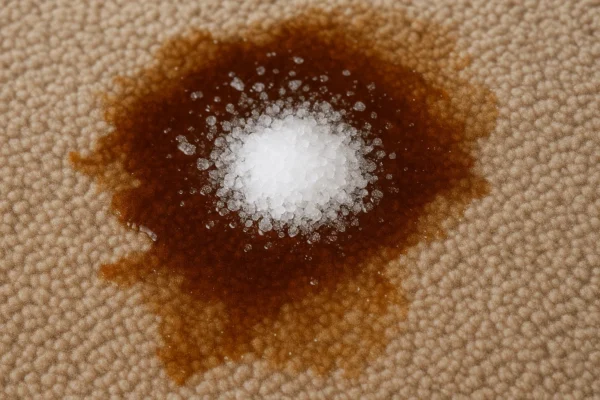 Sprinkling salt on fresh coffee stain to absorb liquid and prevent deep carpet staining.