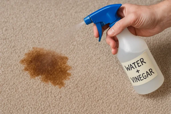 Applying water and vinegar solution with a spray bottle to remove coffee stain from carpet fibers.