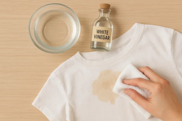 Using white vinegar and water solution with a cloth to gently dab a coffee stain on a cotton shirt.
