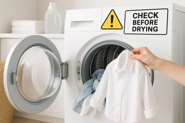 Washing cotton shirts after stain removal and checking for remaining coffee stains before drying.